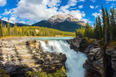 Kanada mı? Rocky Dağları 'nda Kızılderili yazı. Seyahat ve fotoğraf turizmi. Güçlü muhteşem Athabasca Şelalesi, turistler arasında popülerdir.
