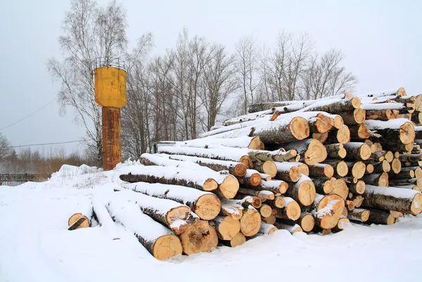 Heap lenha na neve de inverno — Fotografia de Stock