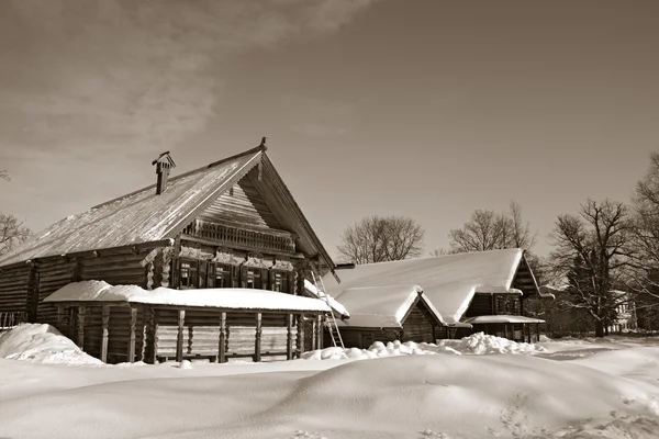 Old wooden house in village , sepia — Stock Photo, Image