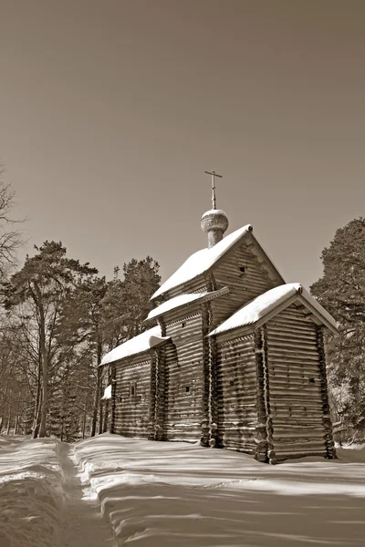 Träkapell i pinjeskog, sepia — Stockfoto