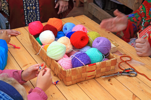 Wool ball on wooden table
