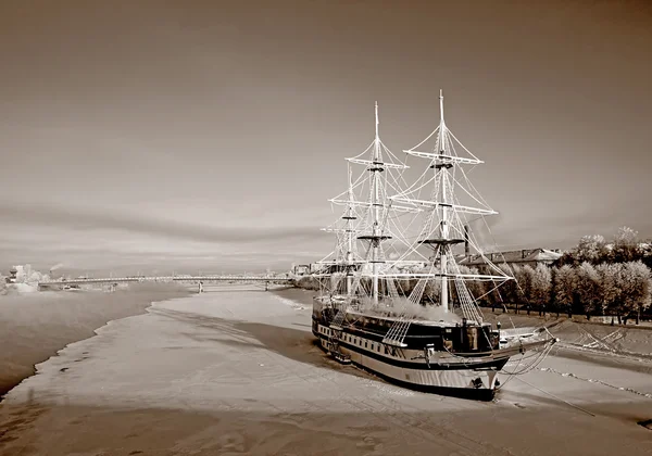 Sailboat on pier, sepia — Stock Photo, Image