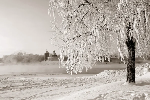 Albero nella neve contro vecchia fortezza, seppia — Foto Stock