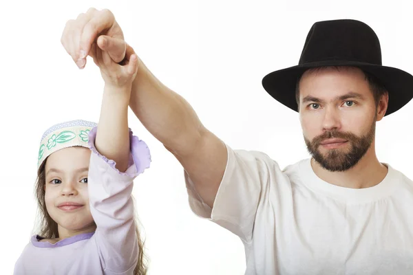 Homem em chapéu judeu e menina em crânio . — Fotografia de Stock