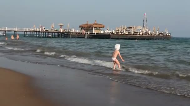 Klein meisje loopt in de zee, de watervallen en de kreten. — Stockvideo