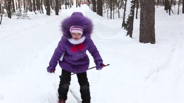 Niña está esquiando en el bosque . — Vídeo de stock