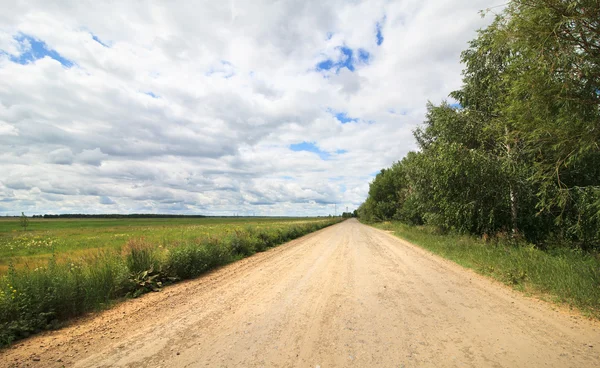 Cumulus clouds above the road in the steppe. — Stock Photo, Image