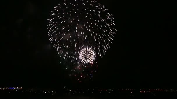 Hermosos fuegos artificiales en el cielo nocturno. — Vídeo de stock