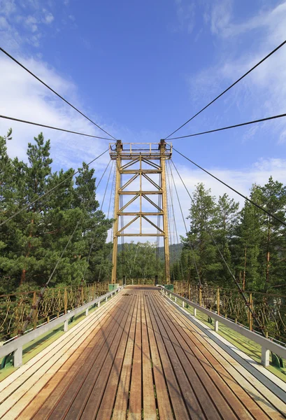 Suspension bridge between the islands on mountain river Katun. — Stock Photo, Image