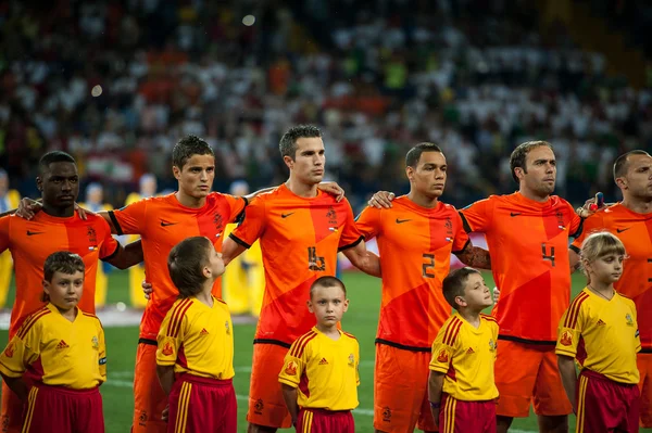 Holanda vs Dinamarca em ação durante jogo de futebol na Liga Europeia de Futebol — Fotografia de Stock