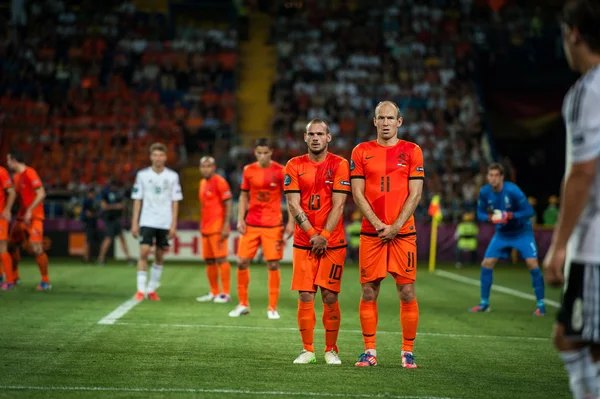 Holanda vs Dinamarca em ação durante jogo de futebol na Liga Europeia de Futebol — Fotografia de Stock