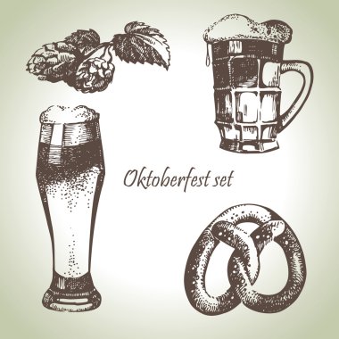 Oktoberfest bira, atlama ve simit ayarlayın. çizilmiş illustrati el