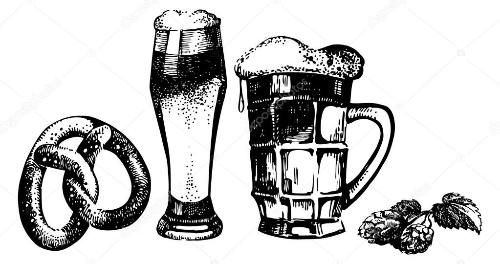 Oktoberfest set of beer, hops and pretzel. Hand drawn illustrati