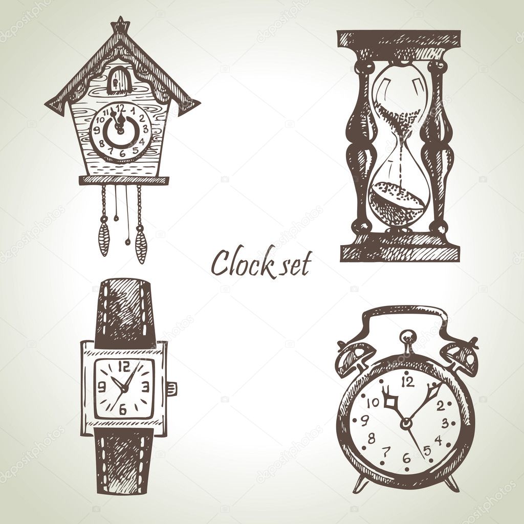 Hand drawn set of clocks and watches