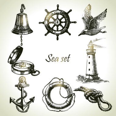 Sea set of nautical design elements. Hand drawn illustrations