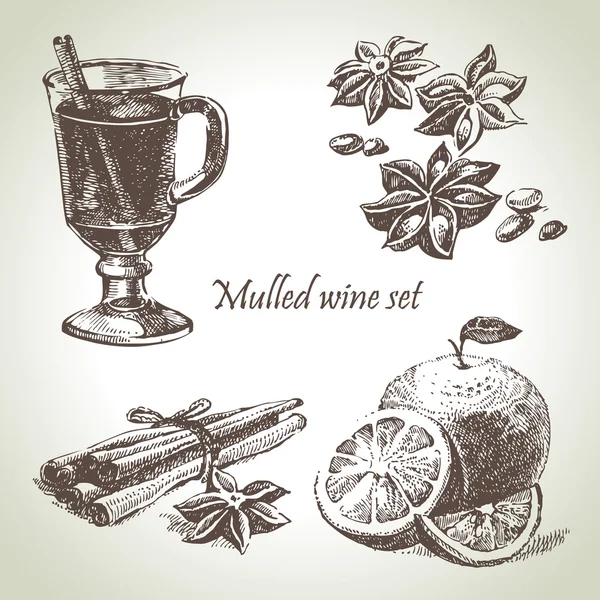 Ensemble de vin chaud, fruits et épices, illustrations dessinées à la main — Image vectorielle