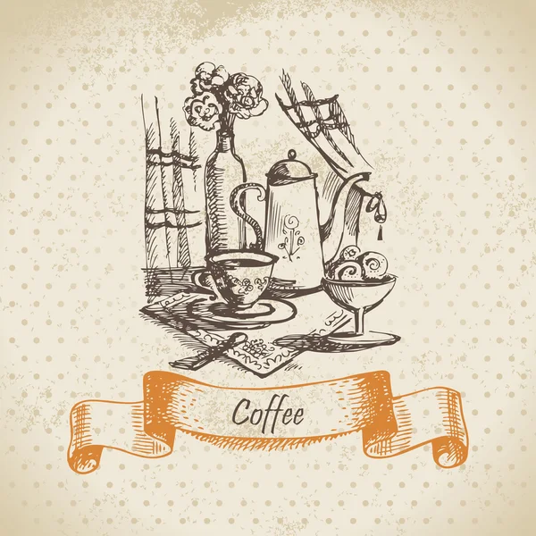 Natura morta con caffè. Illustrazione disegnata a mano vintage — Vettoriale Stock