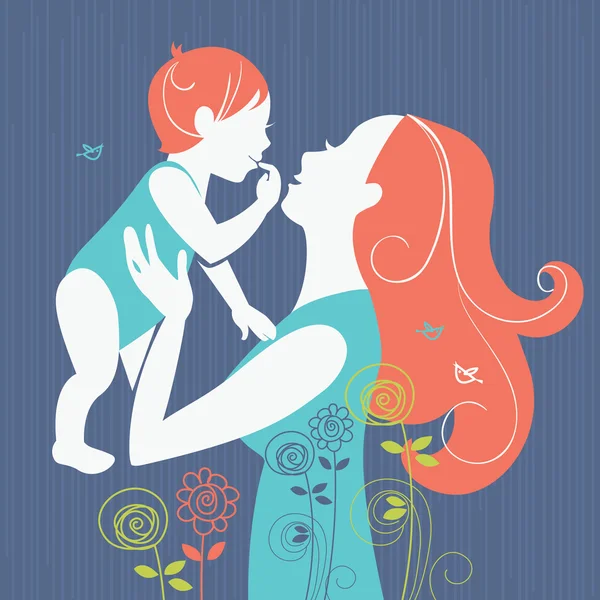 Belle silhouette de mère avec son bébé avec fond floral — Image vectorielle