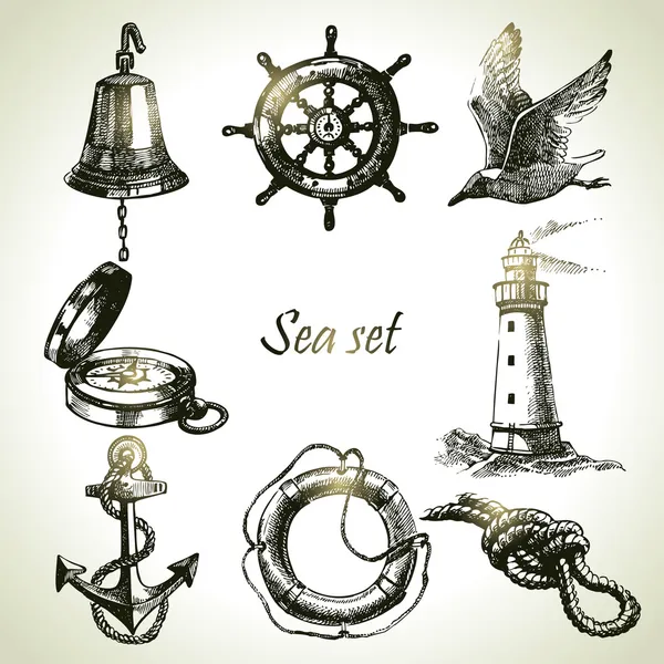 Sea set of nautical design elements. Hand drawn illustrations — Stock Vector