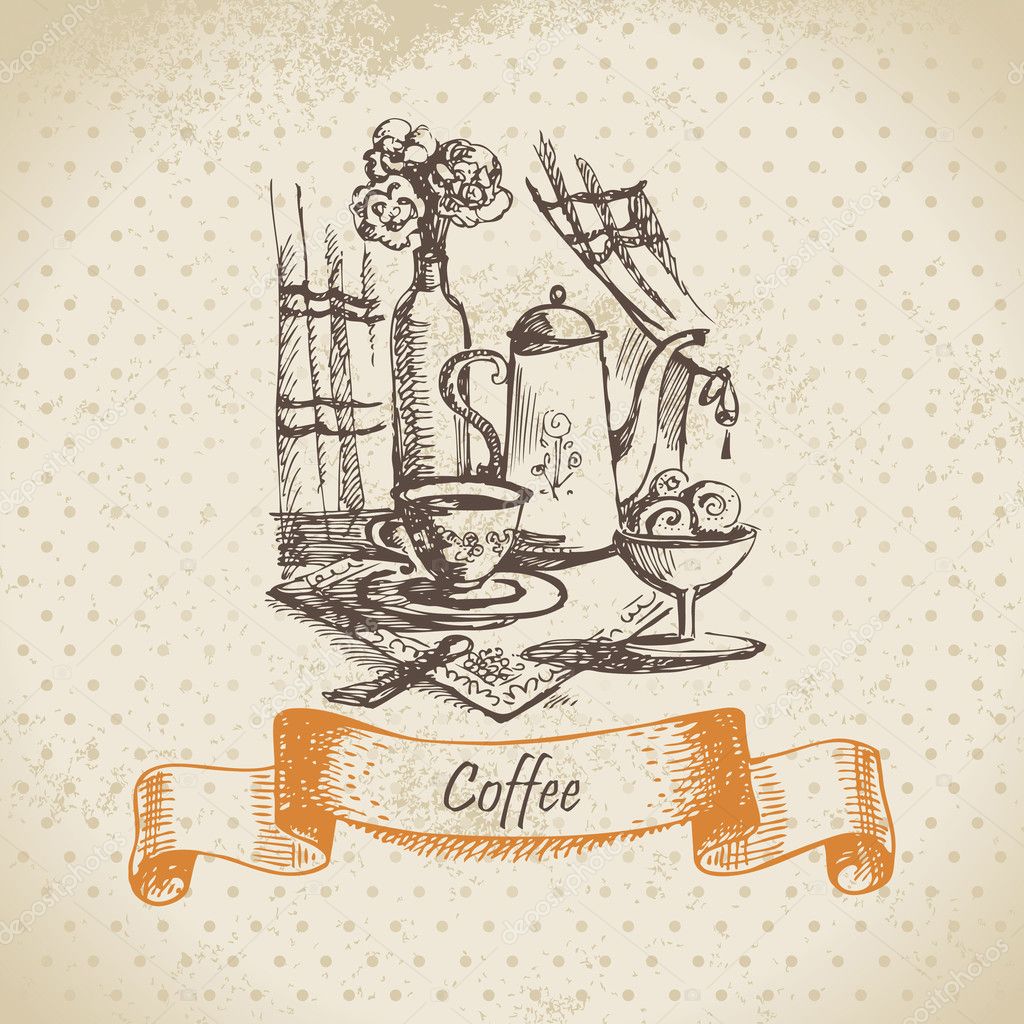 Still life with coffee. Vintage hand drawn illustration