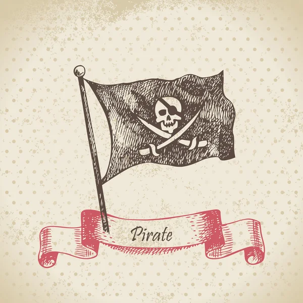Piratflagga med dödskalle. Handritad illustration — Stock vektor