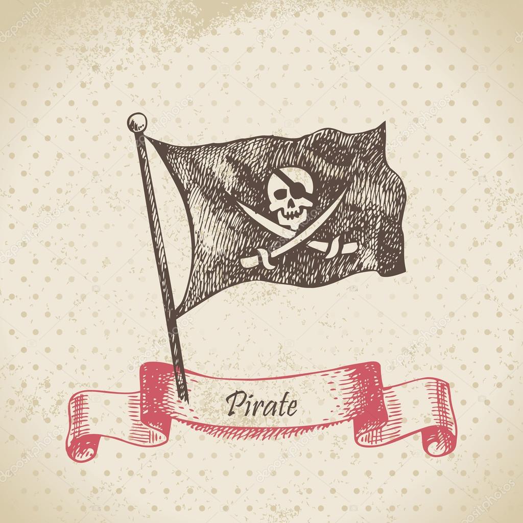 Pirate flag with a skull. Hand drawn illustration