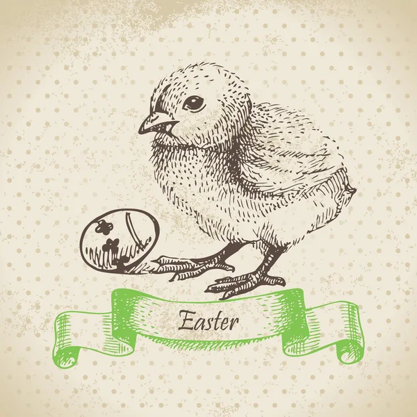 Fondo vintage con pollito de Pascua. ilustración dibujada a mano — Vector de stock