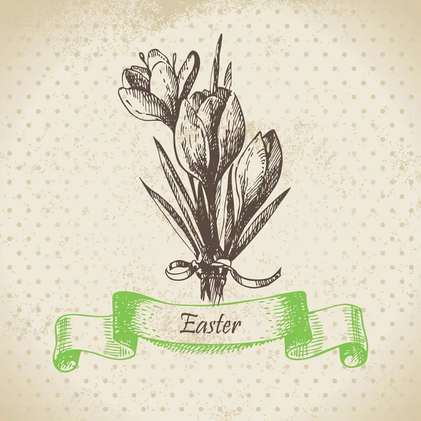 Vintage Pasen achtergrond met crocus bloemen. hand getekende illust — Stockvector