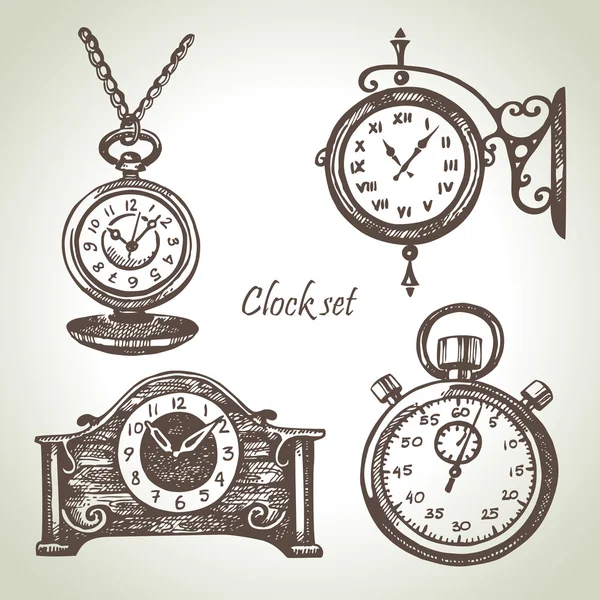Hand drawn set of clocks and watches Stock Vector