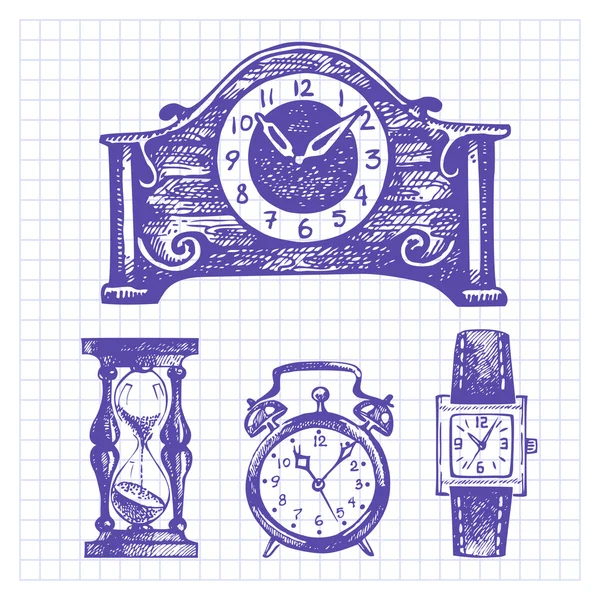 Conjunto desenhado à mão de relógios e relógios — Vetor de Stock