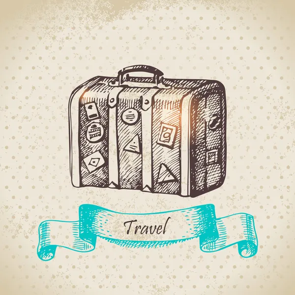 Fondo vintage con maleta de viaje. ilustración dibujada a mano — Vector de stock