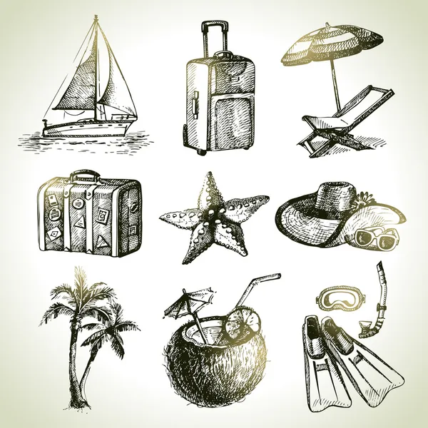 Juego de viaje. ilustraciones dibujadas a mano — Vector de stock