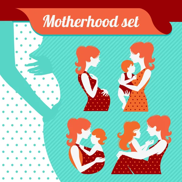 Motherhood set. Silhouettes of mother and baby — Stock Vector