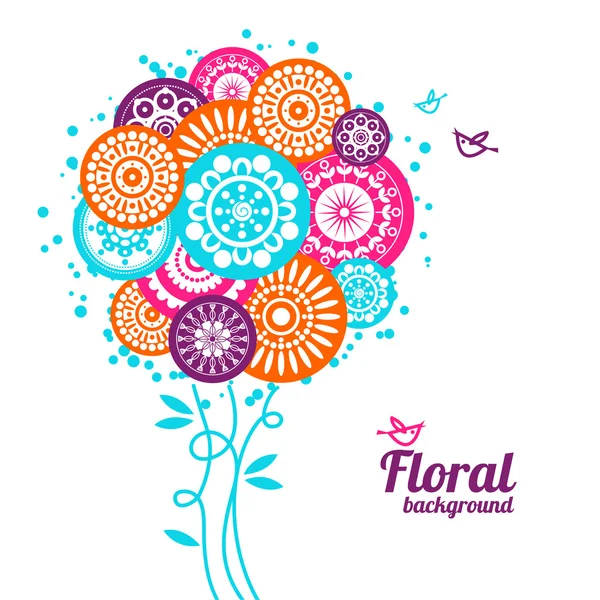 Fundo floral com pássaros de desenhos animados — Vetor de Stock