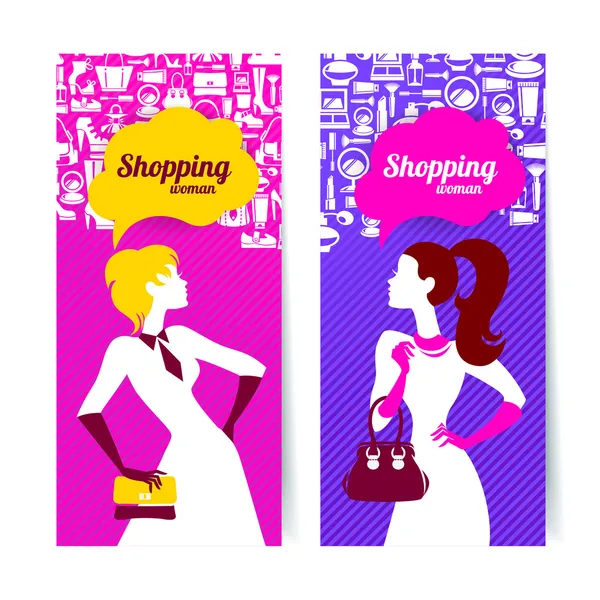 Banners com silhueta de mulheres de compras —  Vetores de Stock