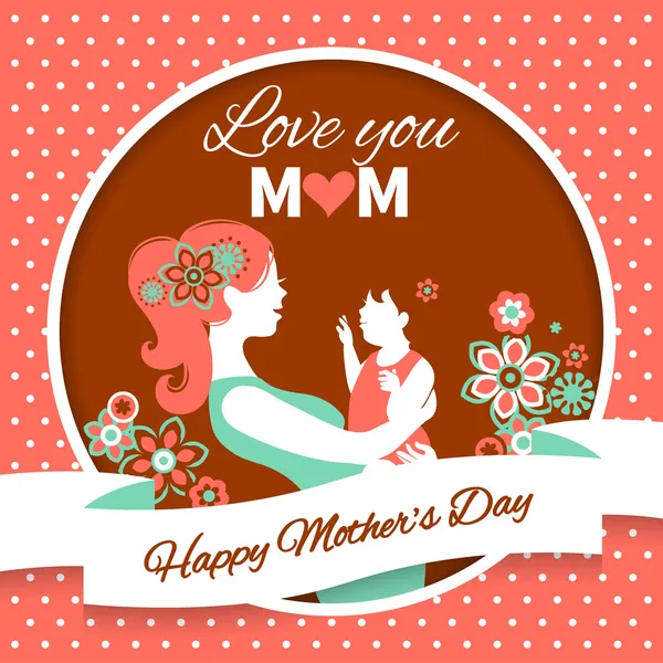 祝您母亲节快乐。与母亲和婴儿的复古风格的美丽剪影卡 — 图库矢量图片