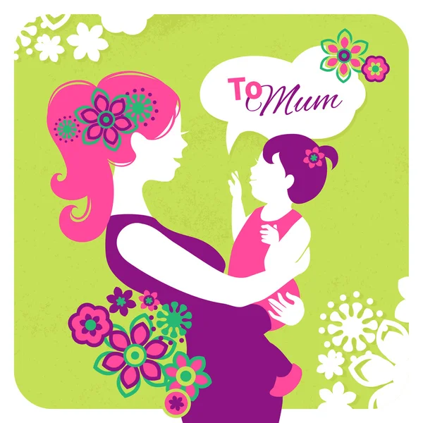 Joyeuse fête des mères. Carte avec belle silhouette de mère et bébé — Image vectorielle