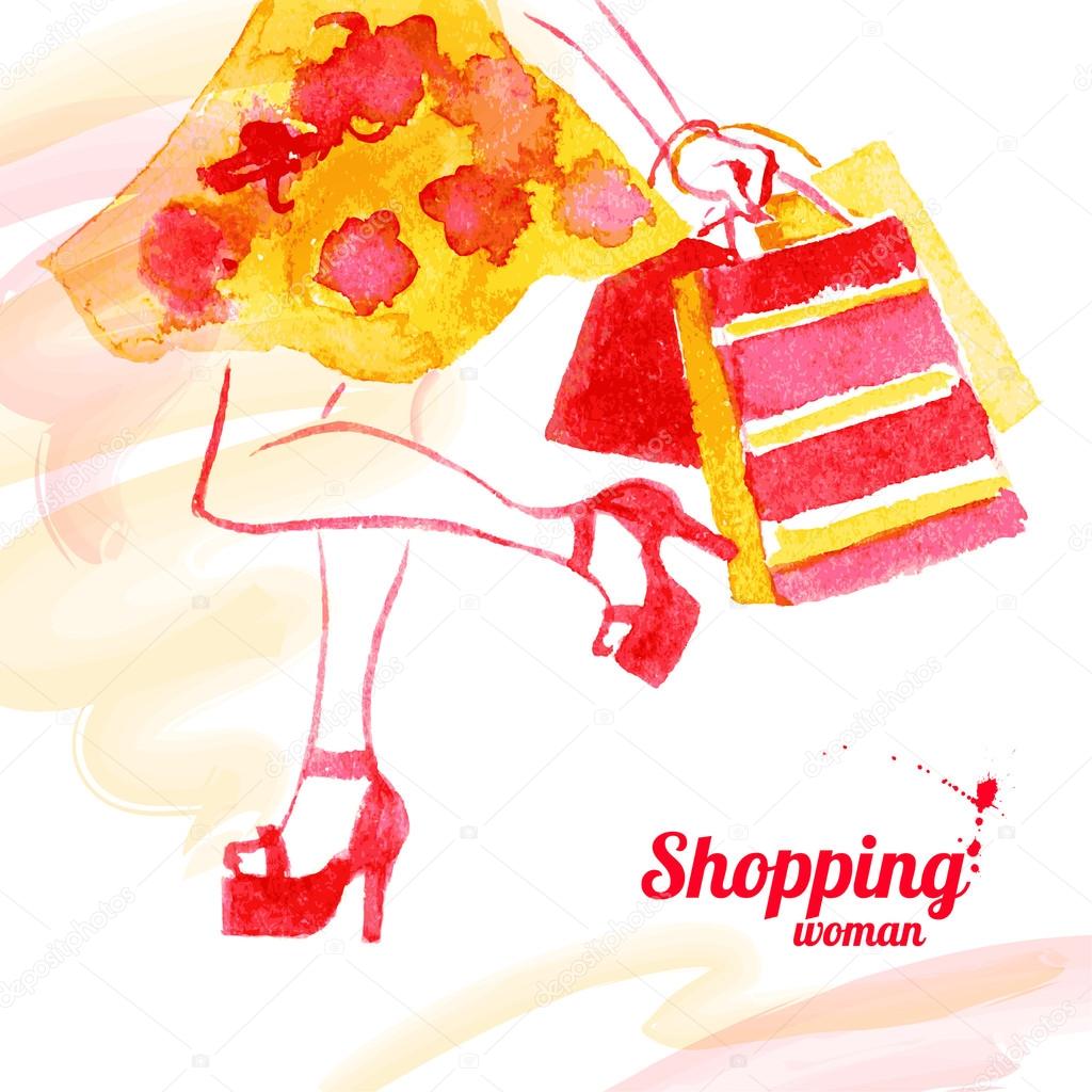 Watercolor shopping women design. Vintage background with beautiful girl.