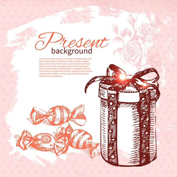 Hand drawn vintage present background with gift box. Vector illu — Stock Vector