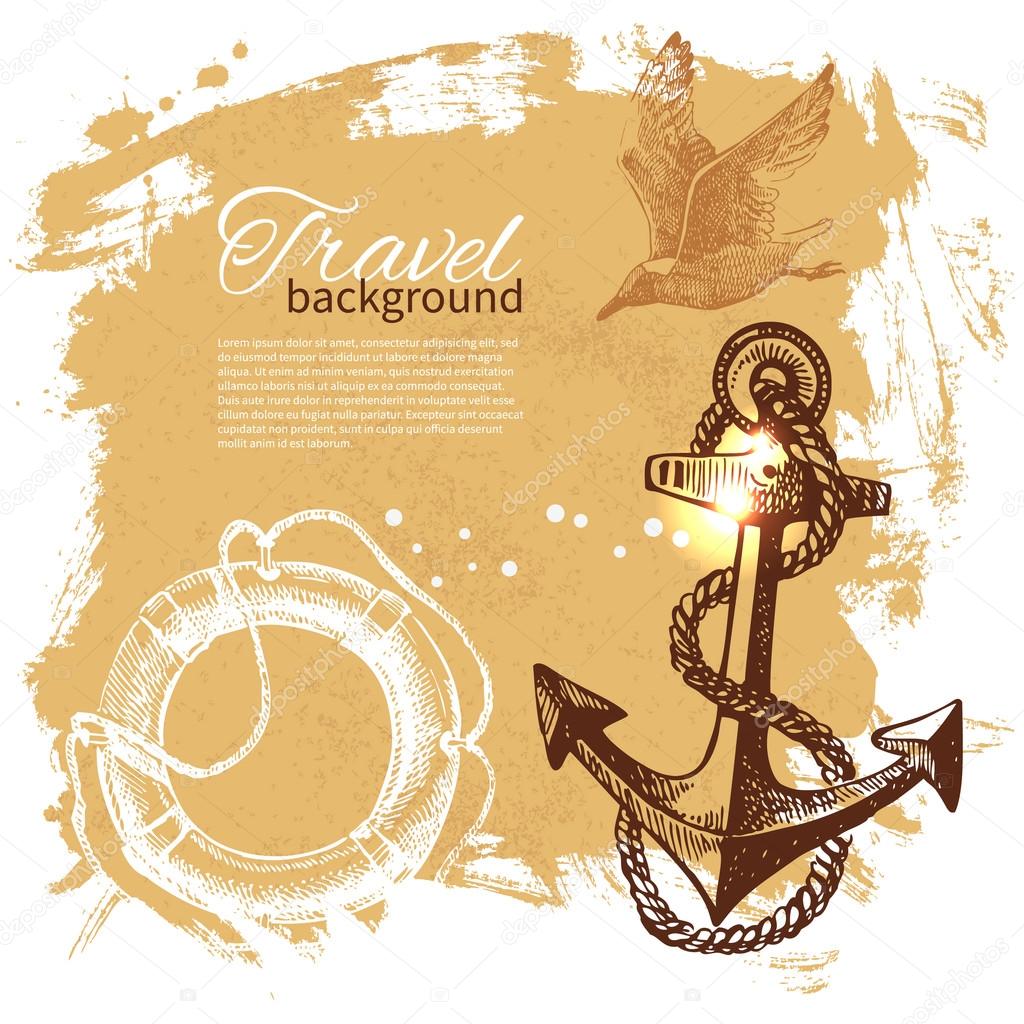 Travel vintage background. Sea nautical design. Hand drawn illus