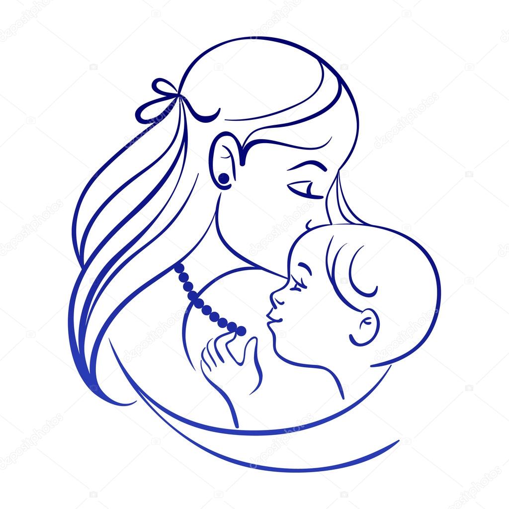 Mother and baby. Linear silhouette of mother and her child