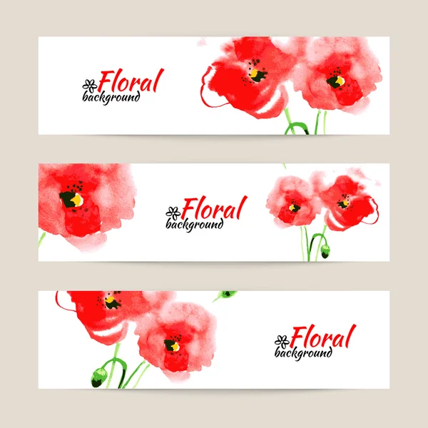 Banners com aquarela pintar papoula vermelha. Vetor floral ilustrat — Vetor de Stock