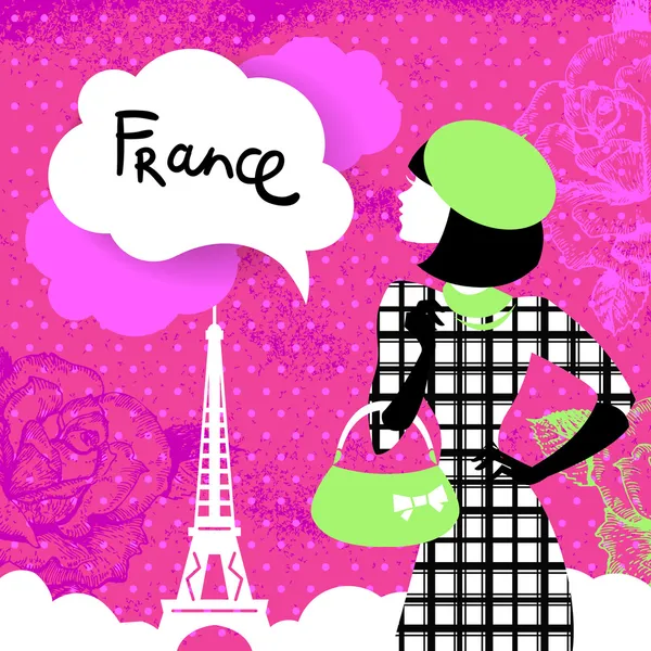 Elegante fondo retro con silueta de mujer de compras en franco — Vector de stock