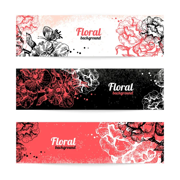 Banners con fondo floral. Ilustración dibujada a mano de rosas — Vector de stock