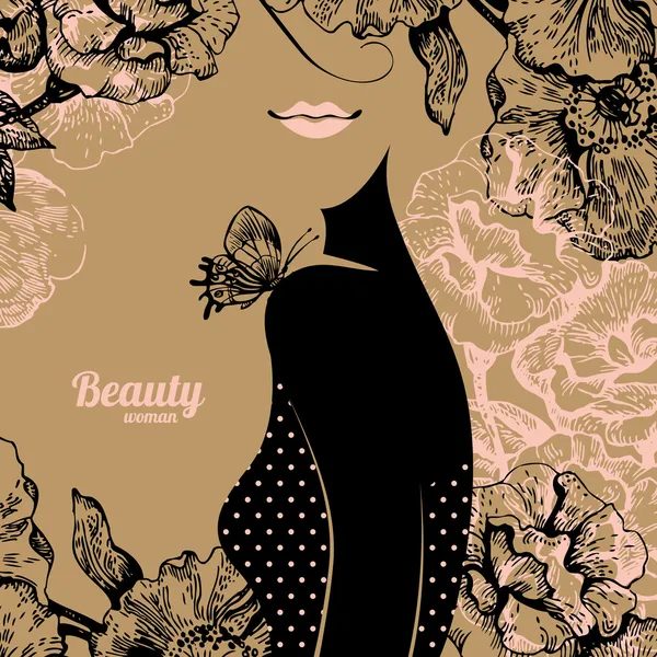 Beautiful girl silhouette. Vintage retro background with hand dr — Stock Vector