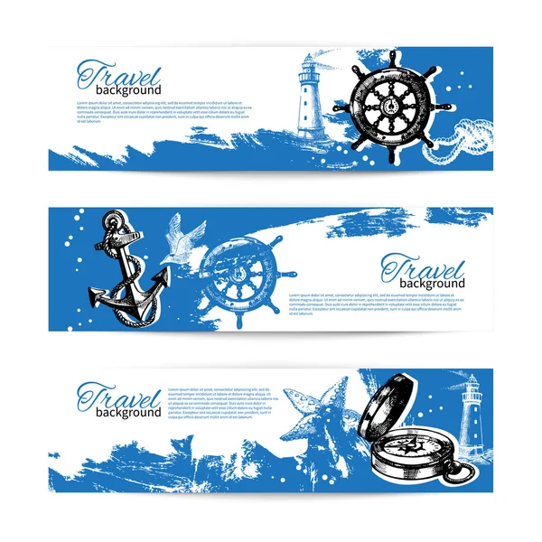 Banner set di sfondi vintage da viaggio. Design nautico marino. H — Vettoriale Stock