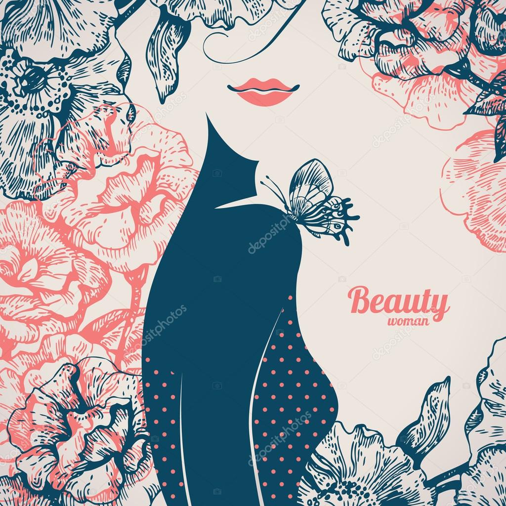 Beautiful girl silhouette. Vintage retro background with hand dr