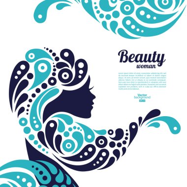Beautiful woman silhouette. Tattoo of abstract girl hair. Marine clipart