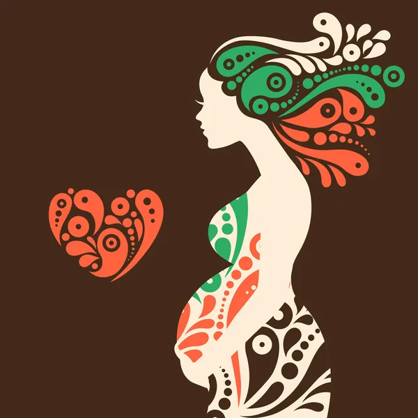 Pregnant woman silhouette with abstract decorative flowers and h — Stock Vector