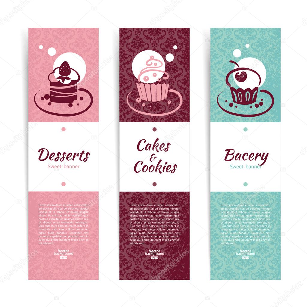 Set of vintage bakery banners with cupcakes. Menu for restaurant